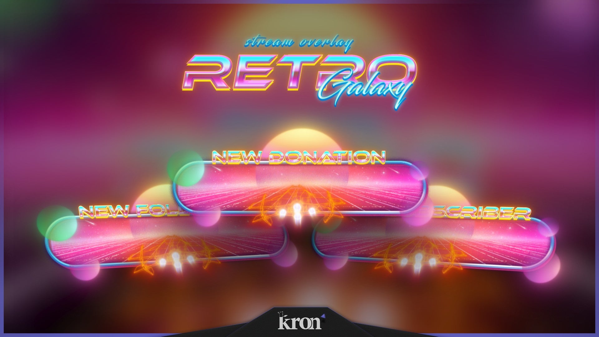 Retro Galaxy Stream Widgets for Twitch - Animated 80s Synthwave Neon Grid Space Retro Overlay Widgets Pack | byKron