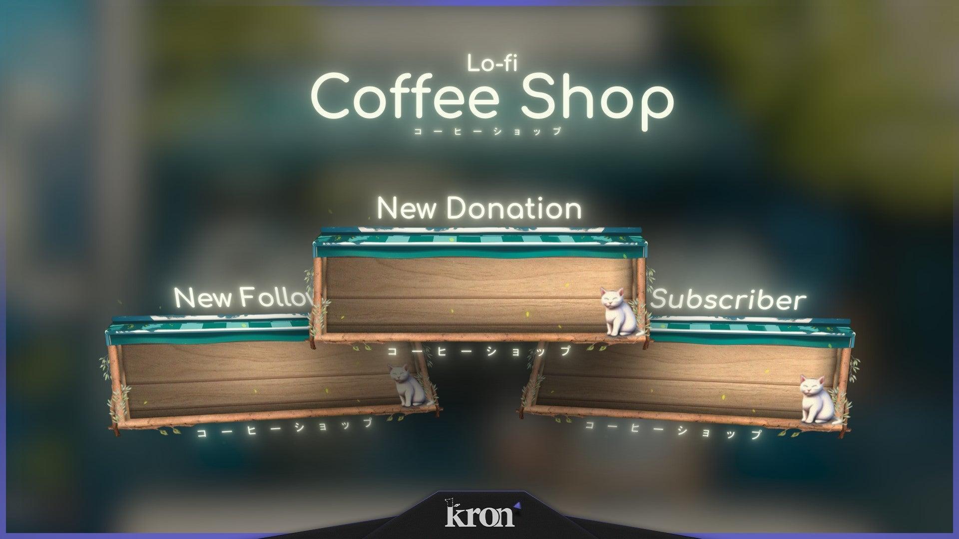 Lo-fi Coffee Shop Animated Alerts for Twitch - Animated Cozy Cafe Lo-fi Anime Chill Overlay Alerts Pack | byKron