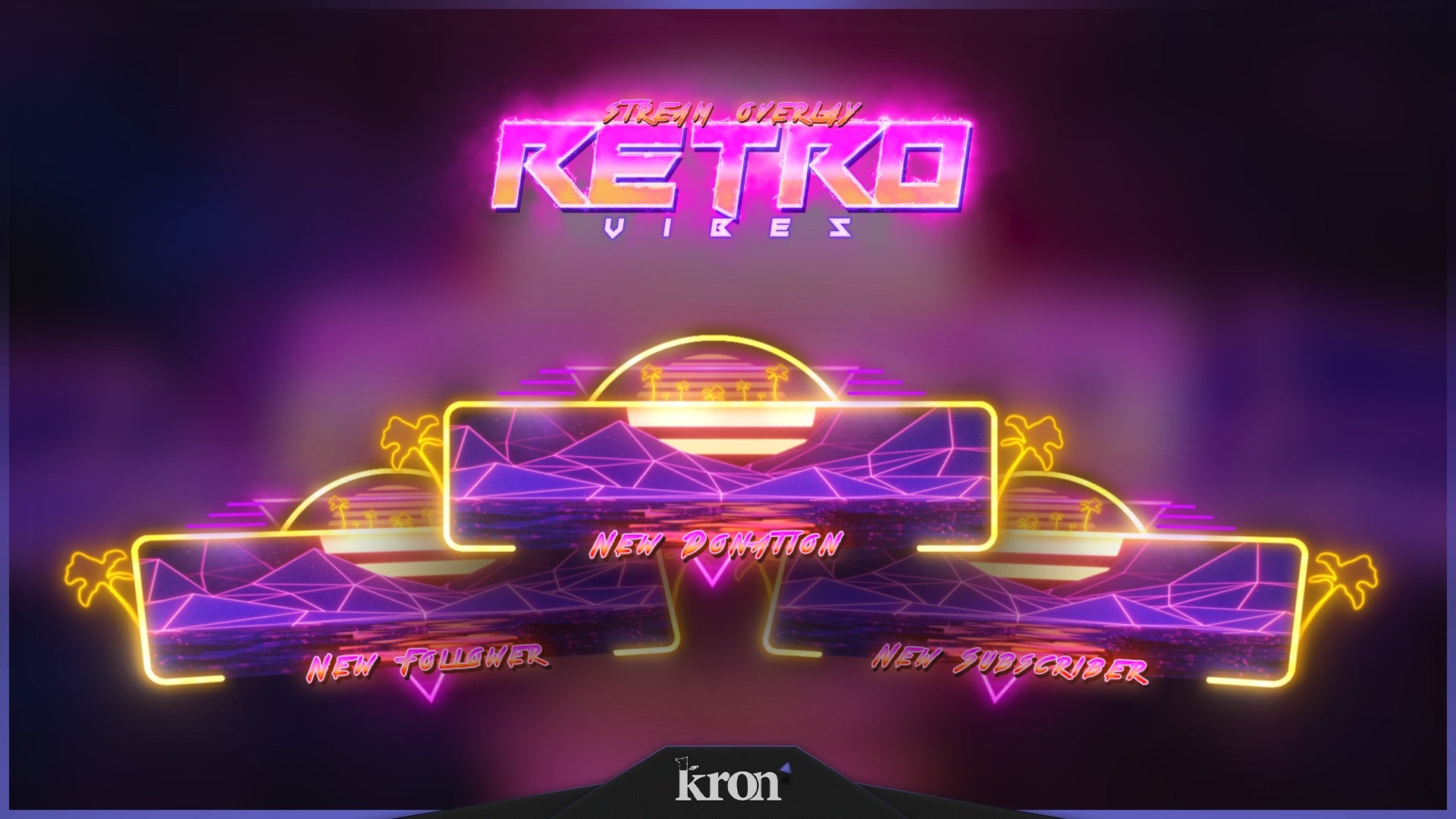 Retro Vibes Stream Widgets for Twitch - Animated 80s Neon Grid Synthwave Vaporwave Overlay Widgets Pack | byKron