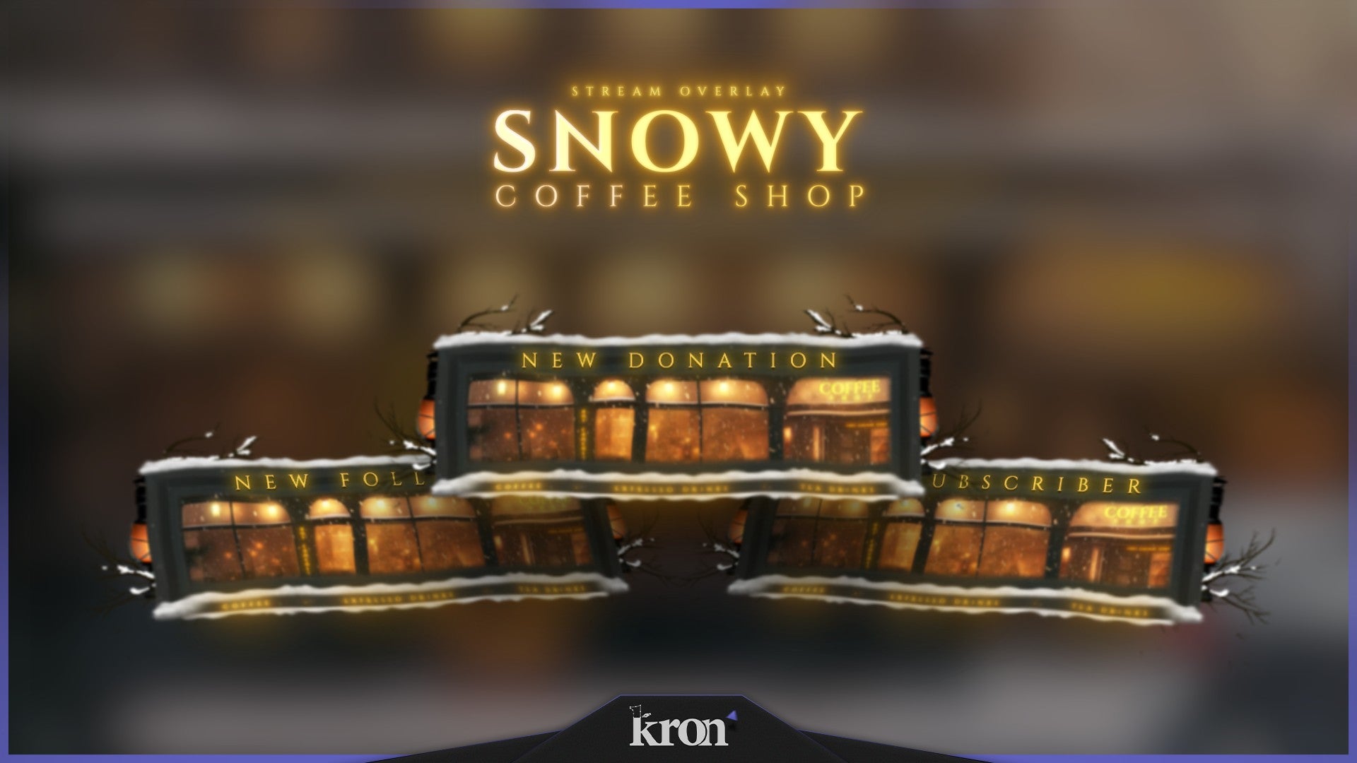 Snowy Coffee Shop Stream Widgets for Twitch - Animated Cozy Winter Cafe Lo-Fi Snow Overlay Widgets Pack | byKron
