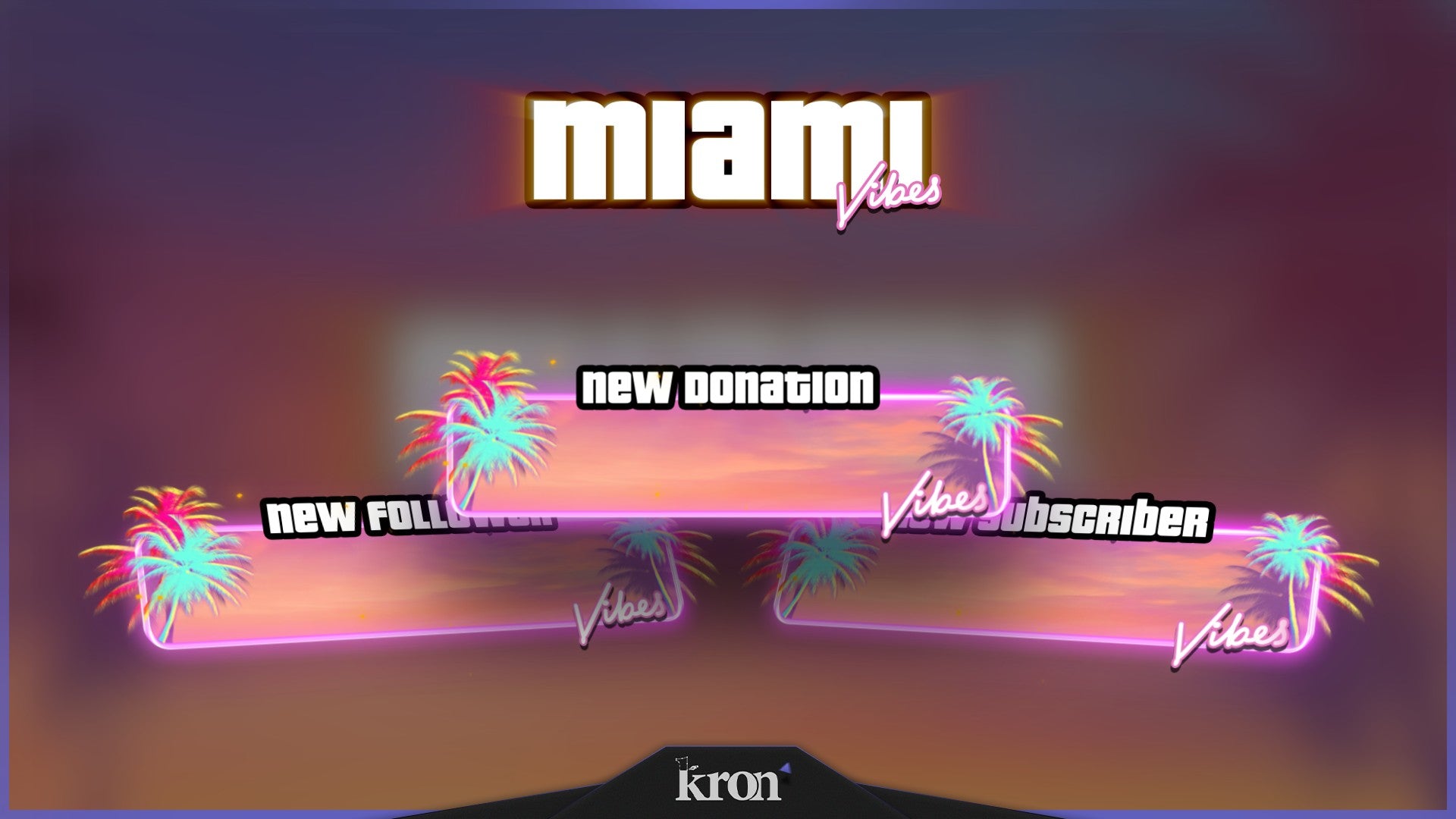 GTA Miami Vibes Animated Alerts for Twitch - Animated Tropical Palm Tree Sunset Retro Overlay Alerts Pack | byKron