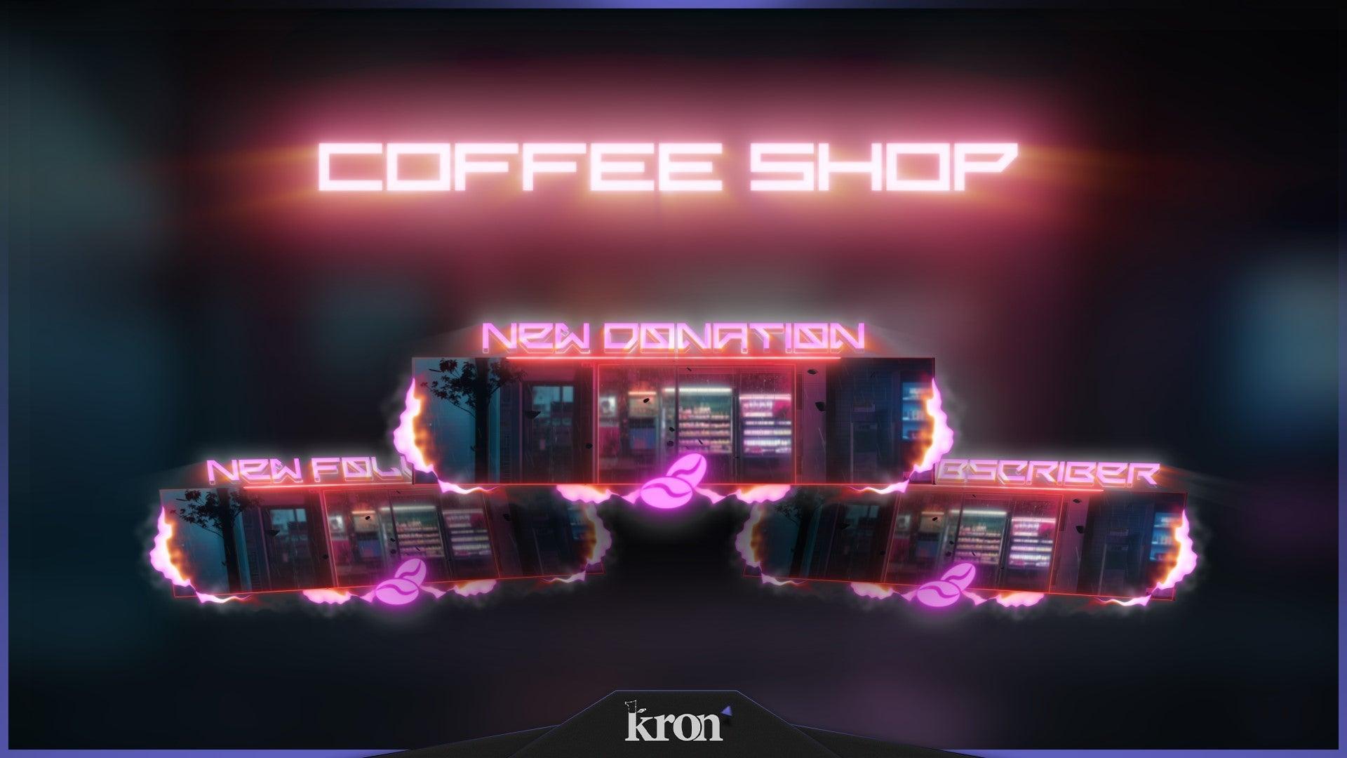 Coffee Shop Animated Alerts for Twitch - Animated Rainy Neon Cafe Cozy Urban Overlay Alerts Pack | byKron