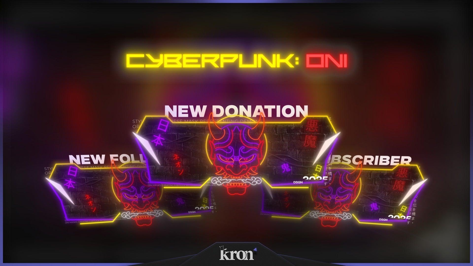 Cyberpunk Oni Animated Alerts for Twitch - Animated Oni Mask Neon Cyberpunk Japanese Urban Overlay Alerts Pack | byKron