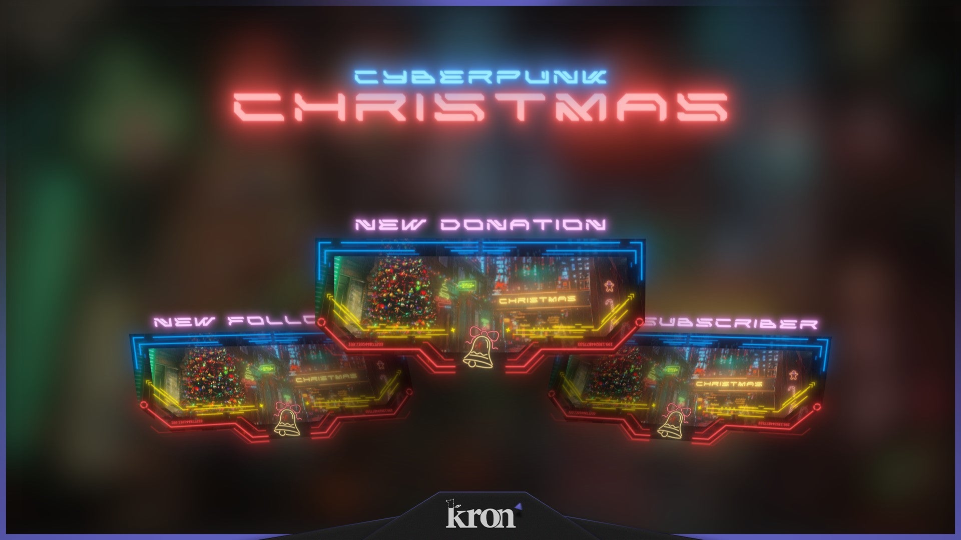 Cyberpunk Christmas Animated Alerts for Twitch - Animated Neon Futuristic 3D Holiday Overlay Alerts Pack | byKron