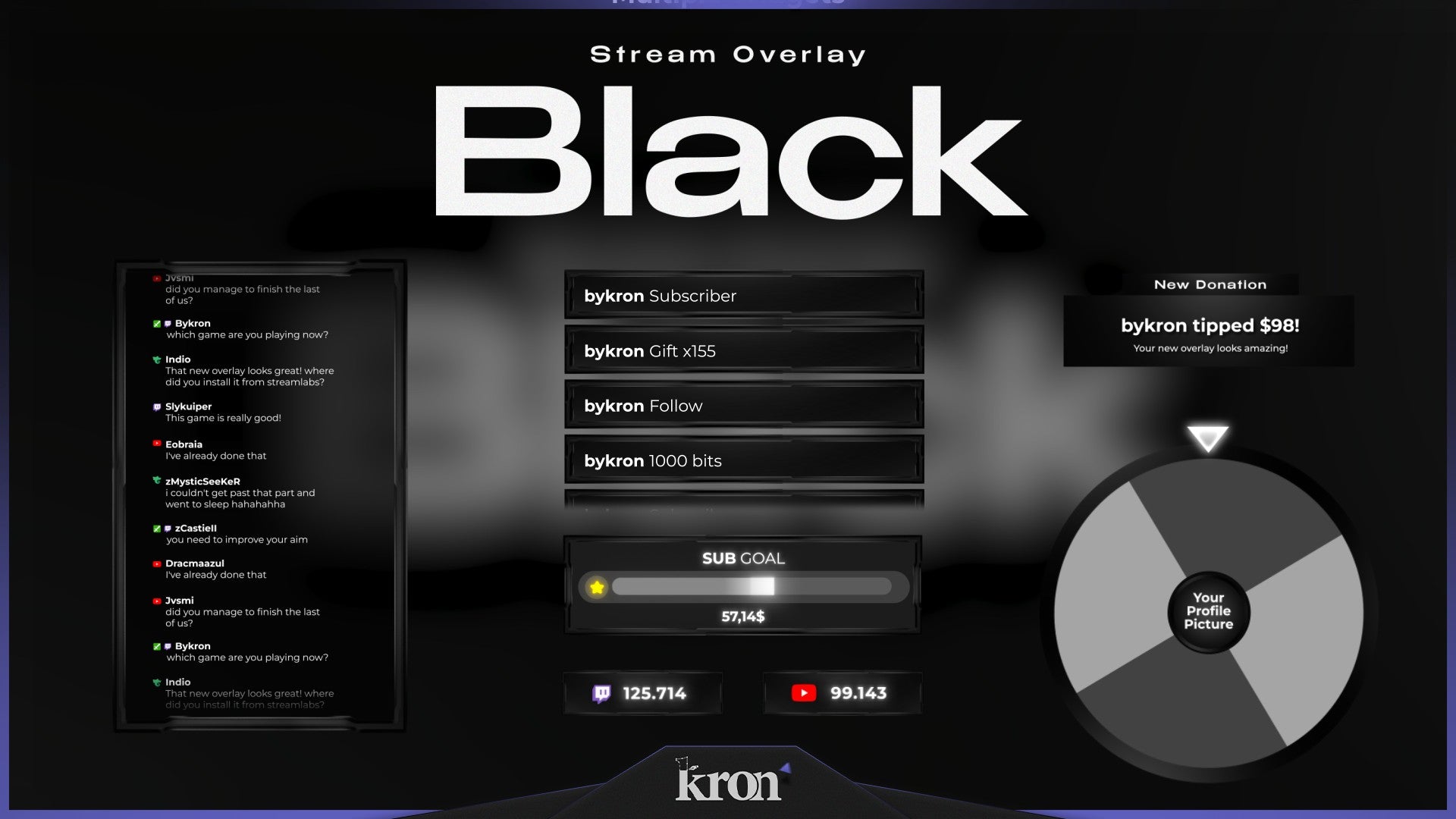 Black Animated Widgets for Twitch - Animated Clean Black White Minimalist Elegant Overlay Widgets Pack | byKron