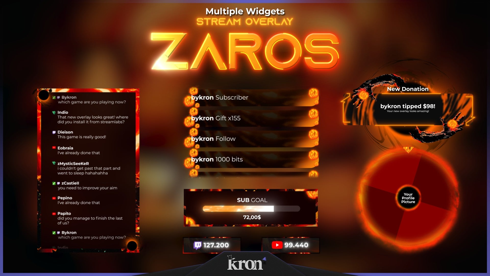 Zaros Stream Widgets for Twitch - Animated Dark Demonic Fire Overlay Widgets Pack | byKron