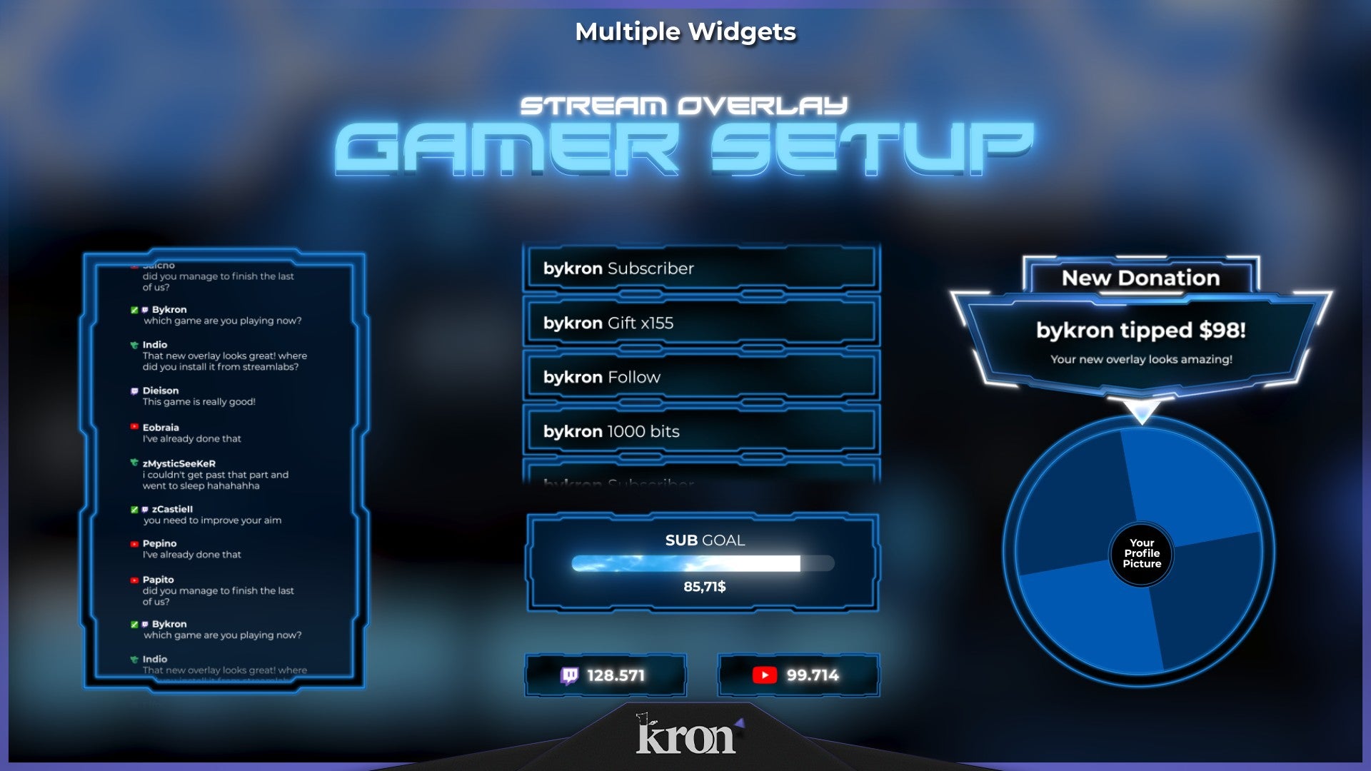 Gamer Setup Stream Widgets for Twitch - Animated Blue Neon Hexagonal 3D Tech Overlay Widgets Pack | byKron