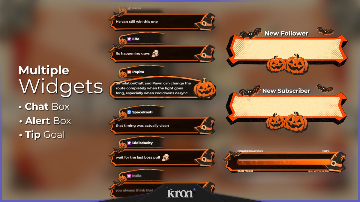 Spookyn Animated Widgets for Twitch with retro cartoon Halloween aesthetic featuring halftone textures, bats, black cats, alerts, tip goal and chat box widgets