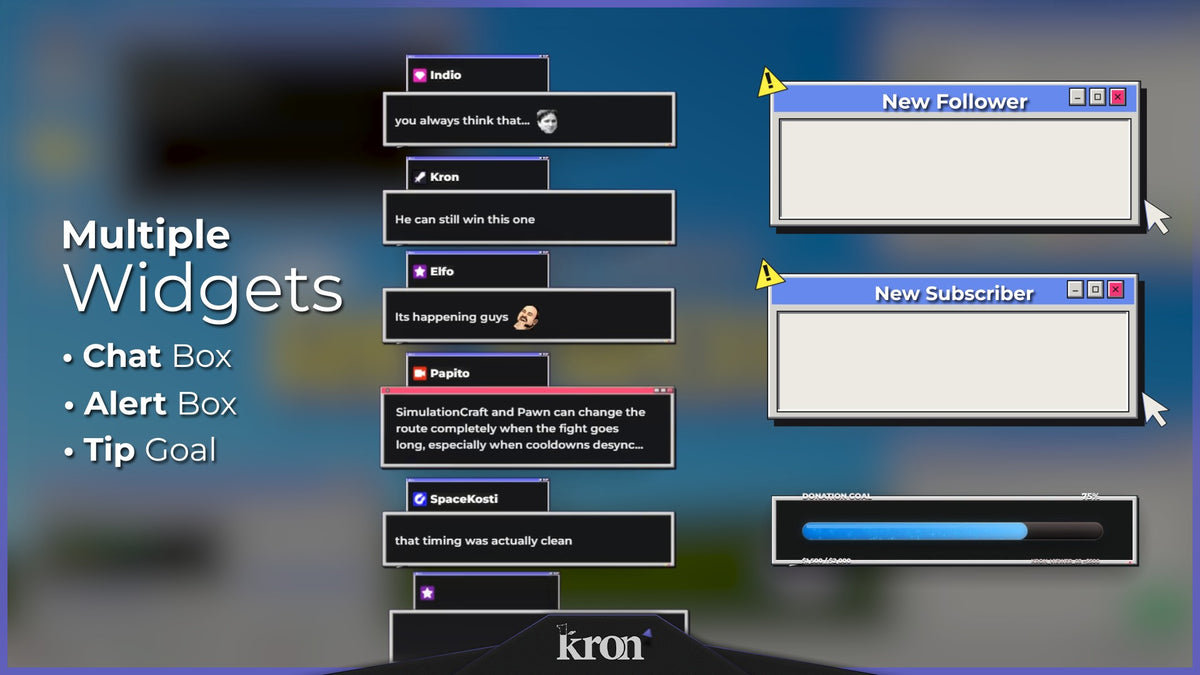 RetroXP Animated Widgets for Twitch with nostalgic retro desktop aesthetic featuring classic windows, pixel details, alerts, tip goal and chat box widgets