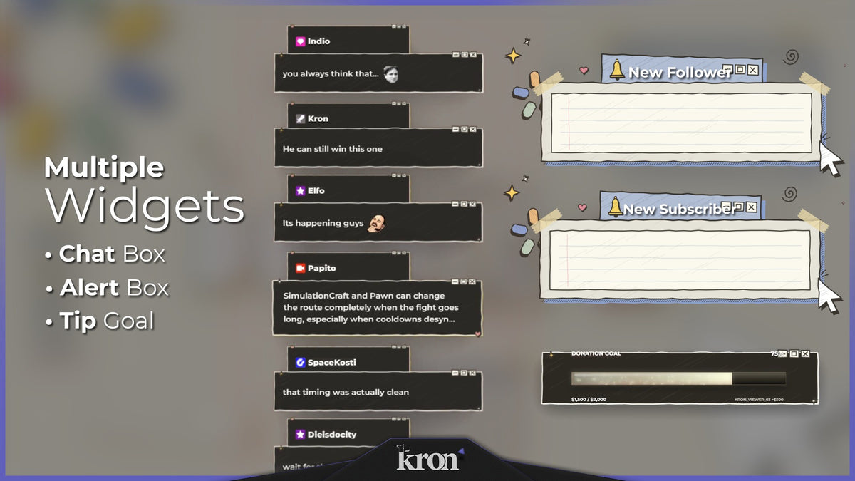 Doodle UI Animated Widgets for Twitch with hand-drawn pastel aesthetic featuring doodle windows, sketch details, alerts, tip goal and chat box widgets