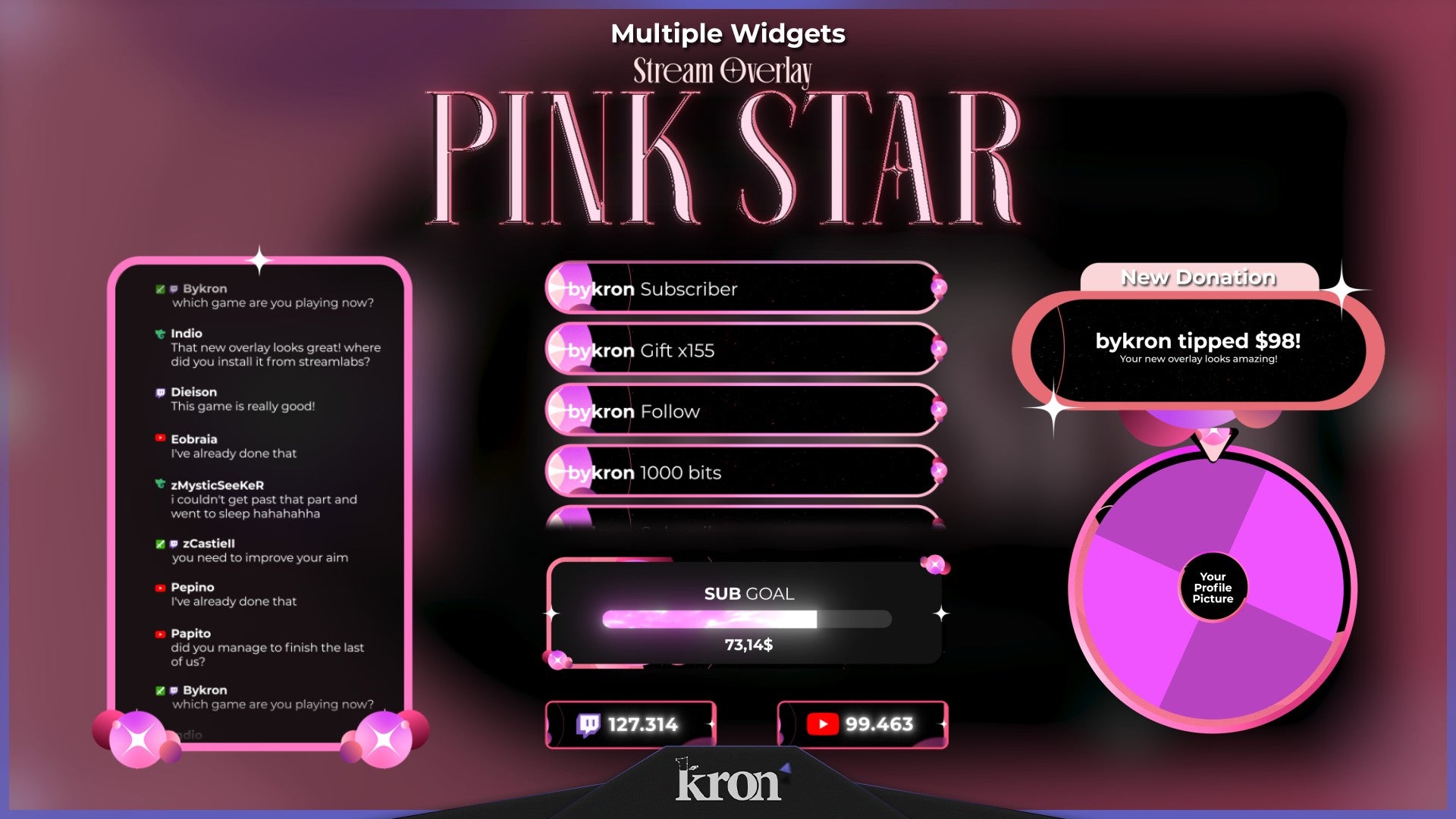 Pink Star Stream Widgets for Twitch - Animated Pink Cute Elegant Overlay Widgets Pack | byKron