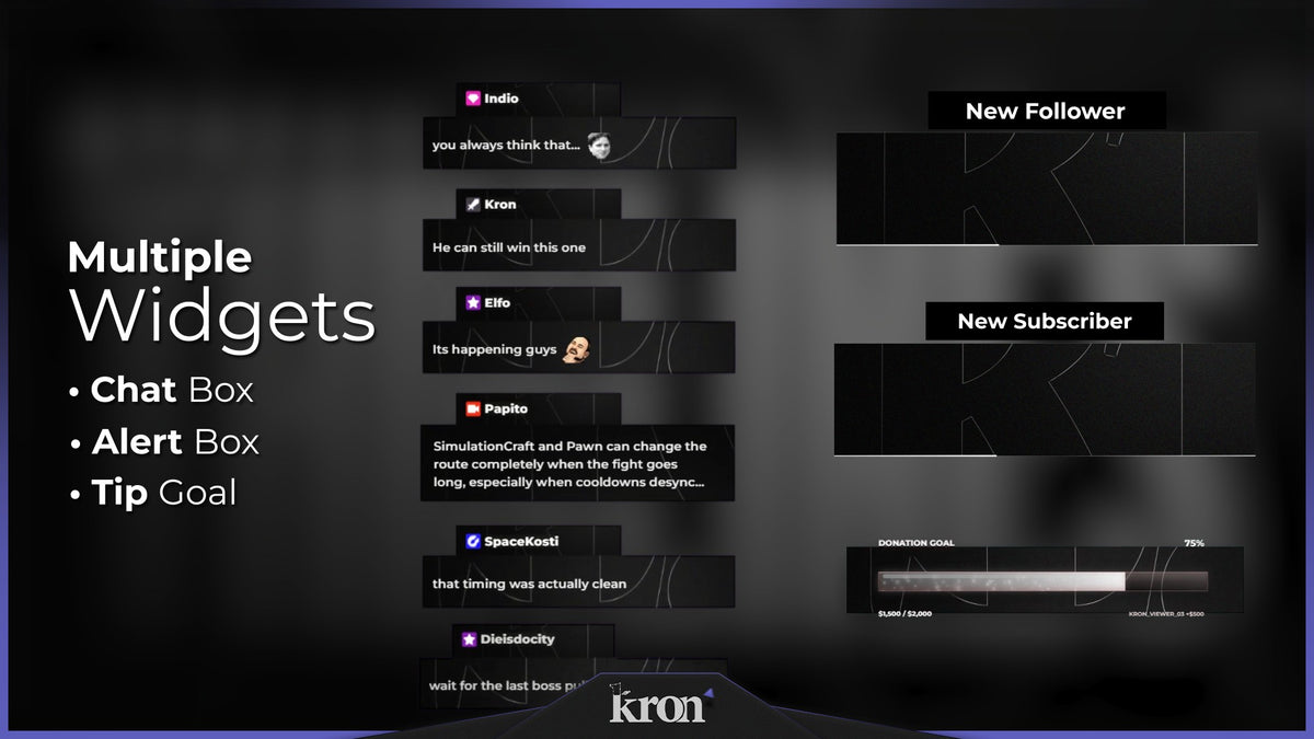 Thin Lines Animated Widgets for Twitch with minimalist black and gray aesthetic featuring fine line details, alerts, tip goal and chat box widgets