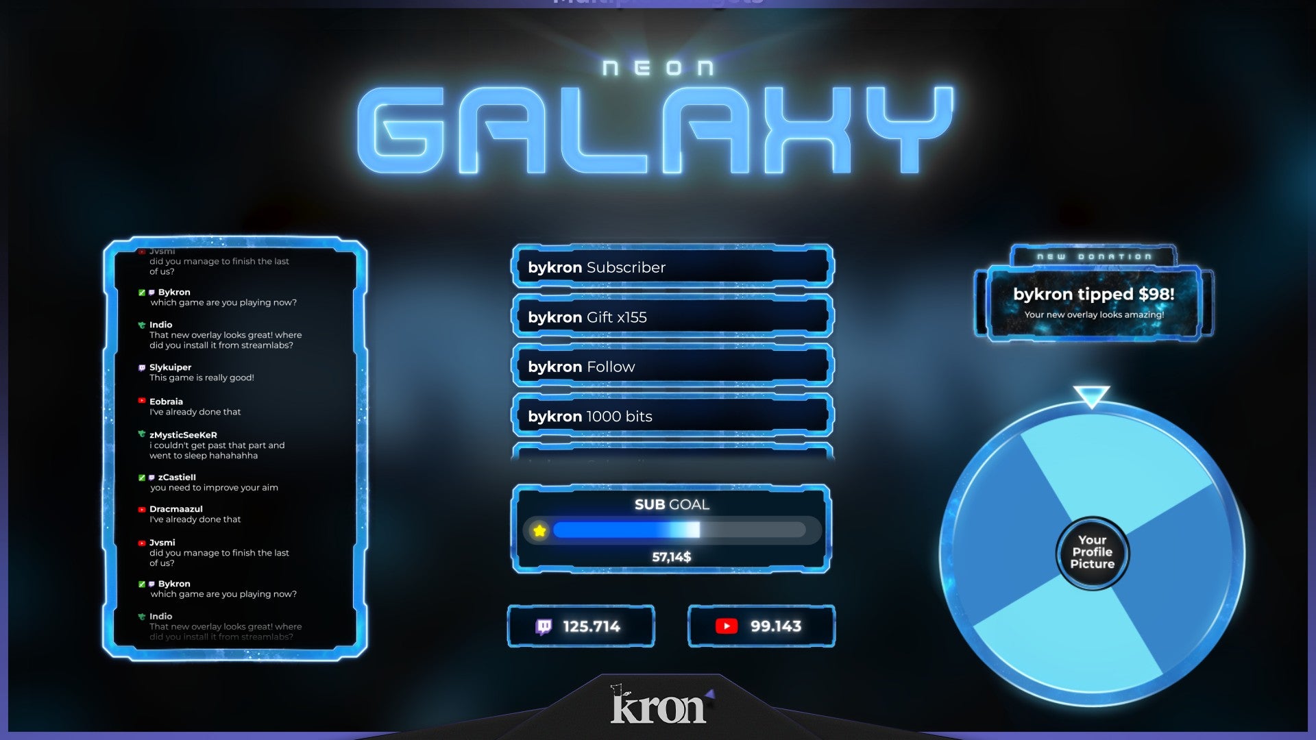 Neon Galaxy Animated Widgets for Twitch - Animated Blue Neon Nebula Space Synthwave Overlay Widgets Pack | byKron