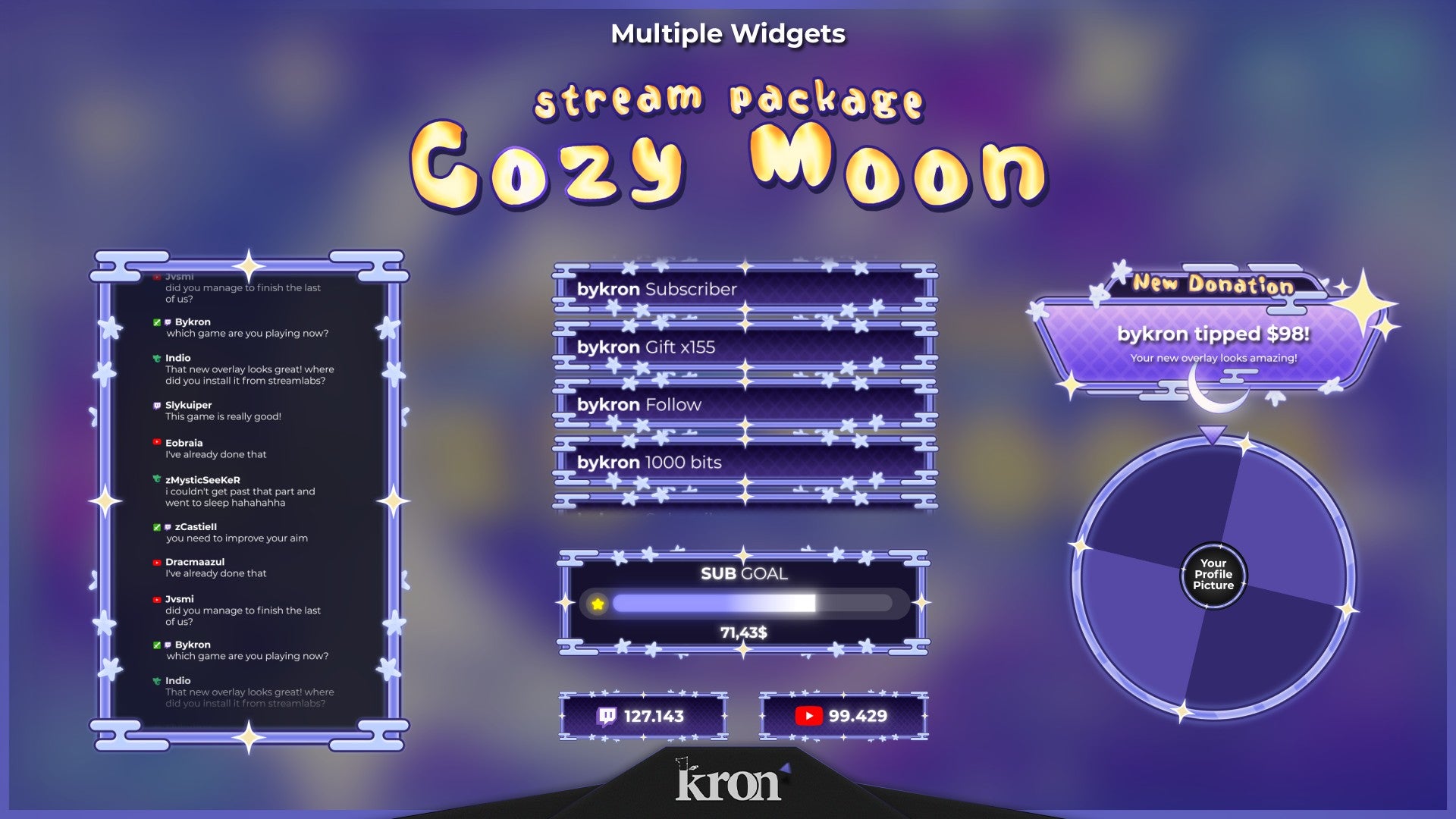 Cozy Moon Stream Widgets for Twitch - Animated Pastel Moon Stars Dreamy Chill Overlay Widgets Pack | byKron