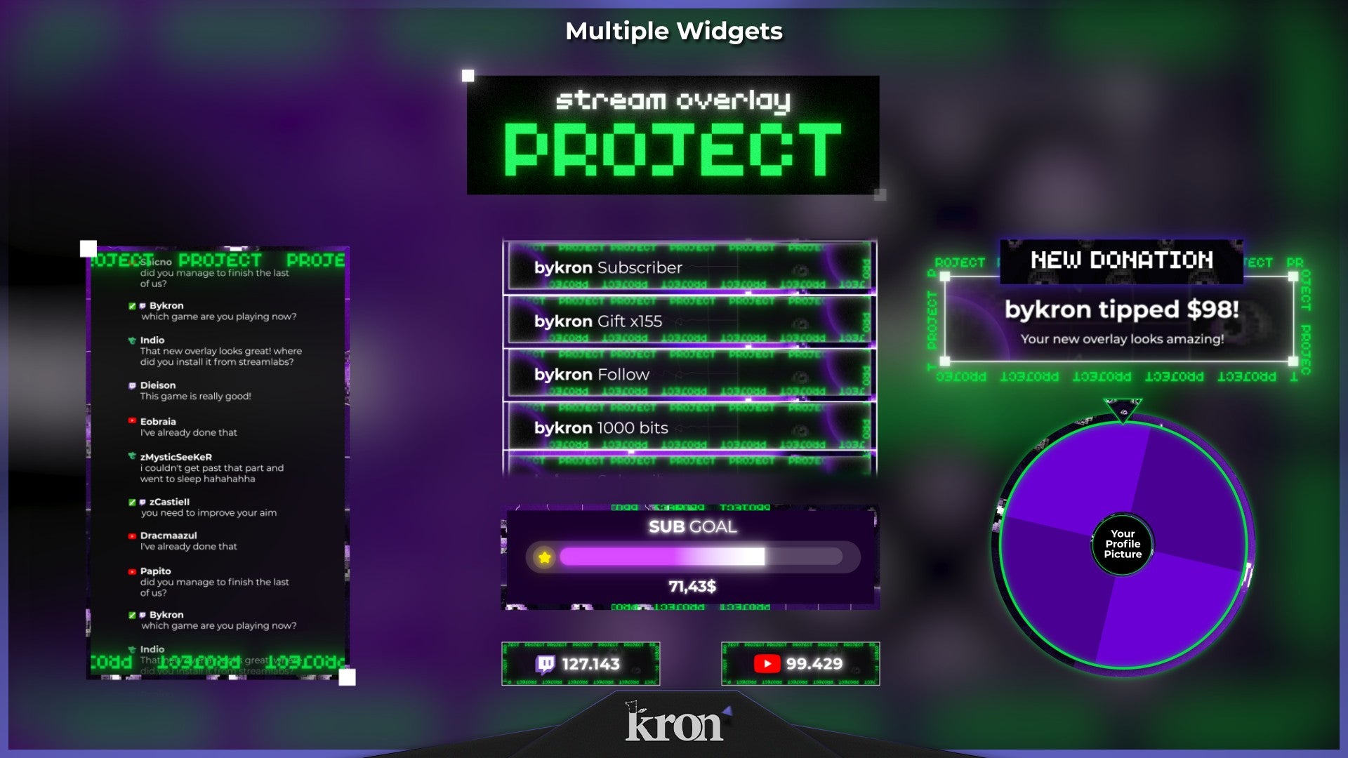 Project Stream Widgets for Twitch - Animated Purple Retro Futuristic Grid Tech Overlay Widgets Pack | byKron