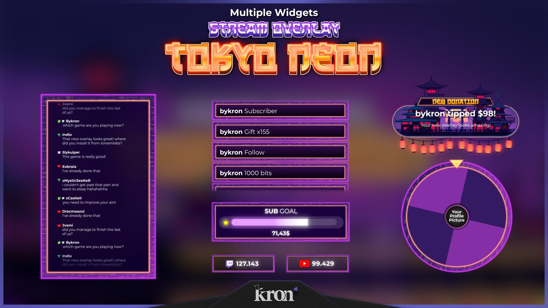 Tokyo Neon Animated Widgets for Twitch - Animated Purple Orange Tokyo Urban Japanese Neon Overlay Widgets Pack | byKron
