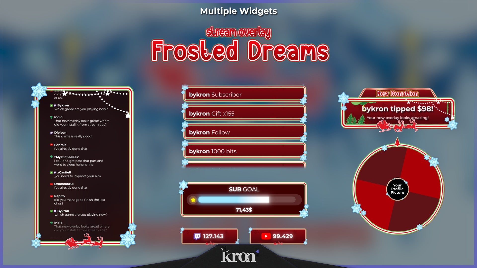 Frosted Dreams Stream Widgets for Twitch - Animated Santa Sleigh Snowy Forest Holiday Overlay Widgets Pack | byKron