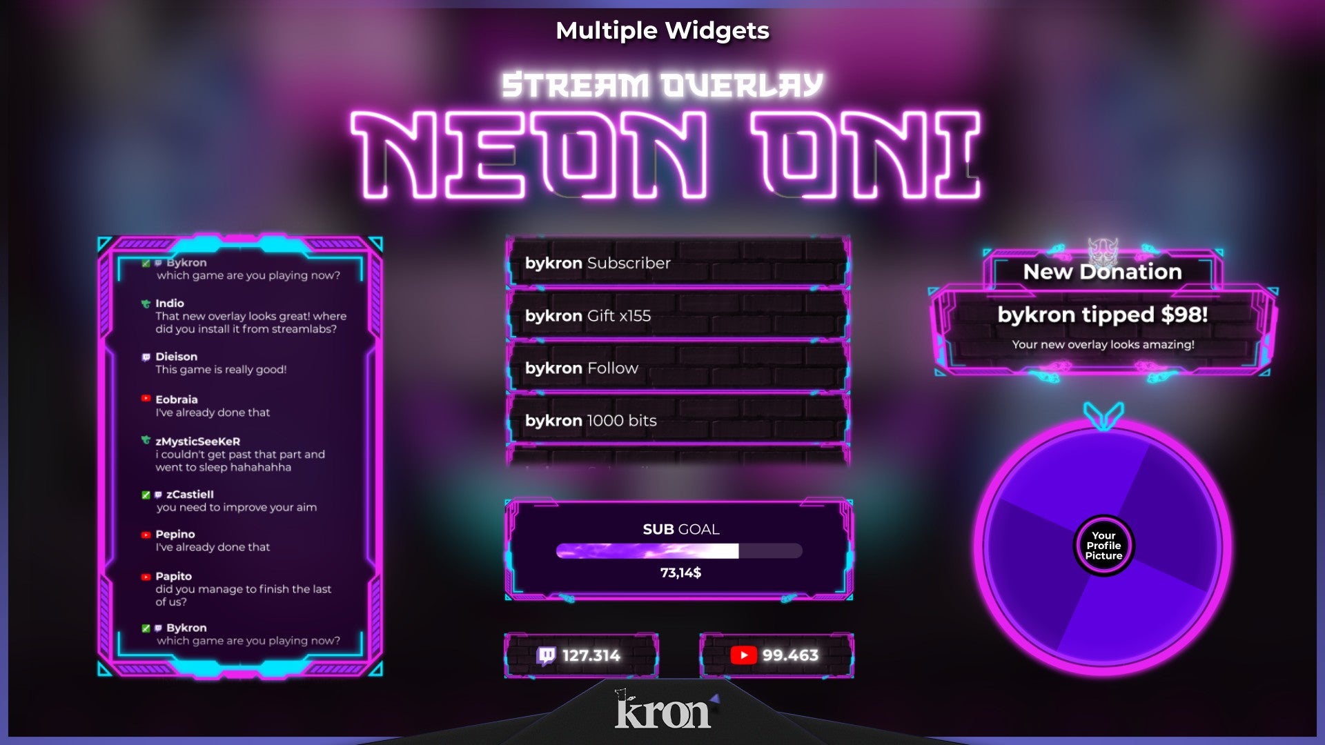 Neon Oni Stream Widgets for Twitch - Animated Cyberpunk Japan Pink Blue Neon Overlay Widgets Pack | byKron