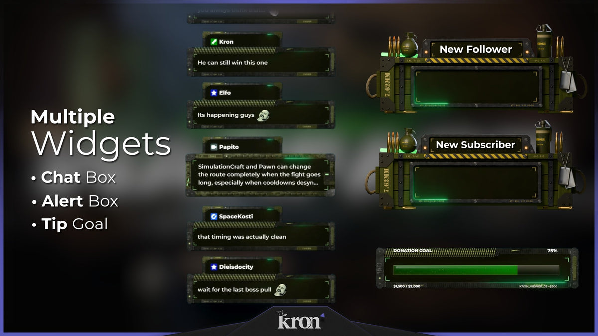 Warfare Animated Widgets for Twitch with tactical military aesthetic featuring camo details, green lighting, alerts, tip goal and chat box widgets