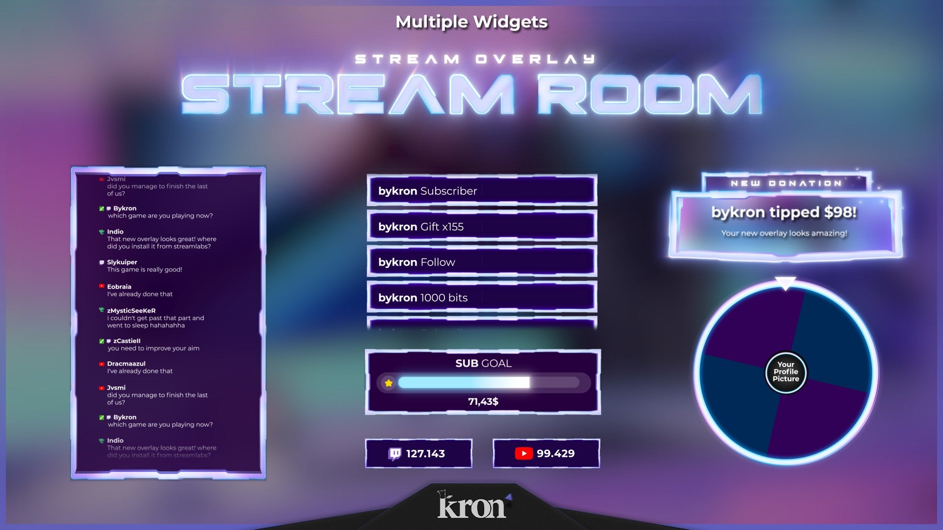 Stream Room Animated Widgets for Twitch - Animated Purple Pink Blue RGB Gaming Room 3D Overlay Widgets Pack | byKron
