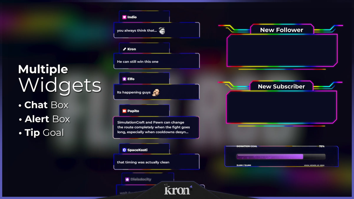 Flat RGB Animated Widgets for Twitch with clean flat RGB aesthetic featuring rainbow neon lines, alerts, tip goal and chat box widgets