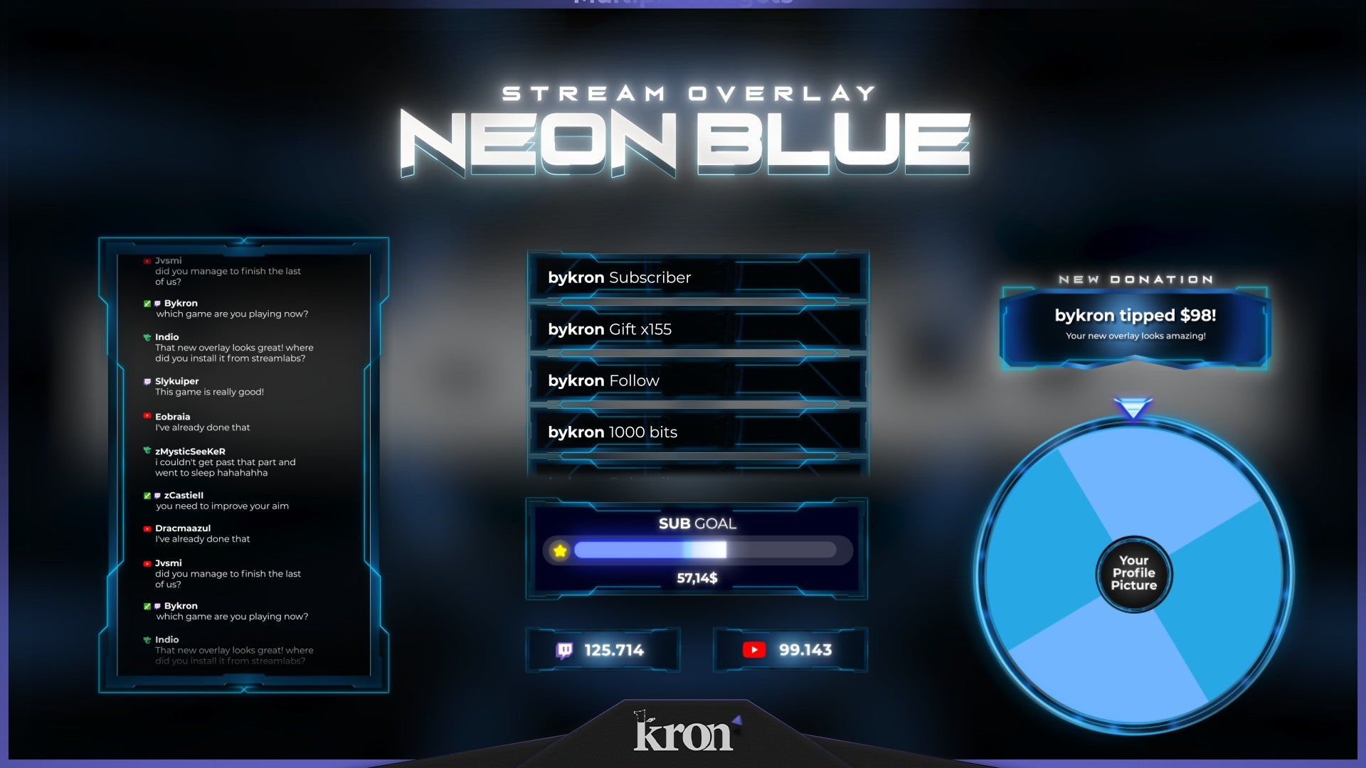 Neon Blue Animated Widgets for Twitch - Animated Blue Neon Glow Sci-Fi Synthwave Overlay Widgets Pack | byKron