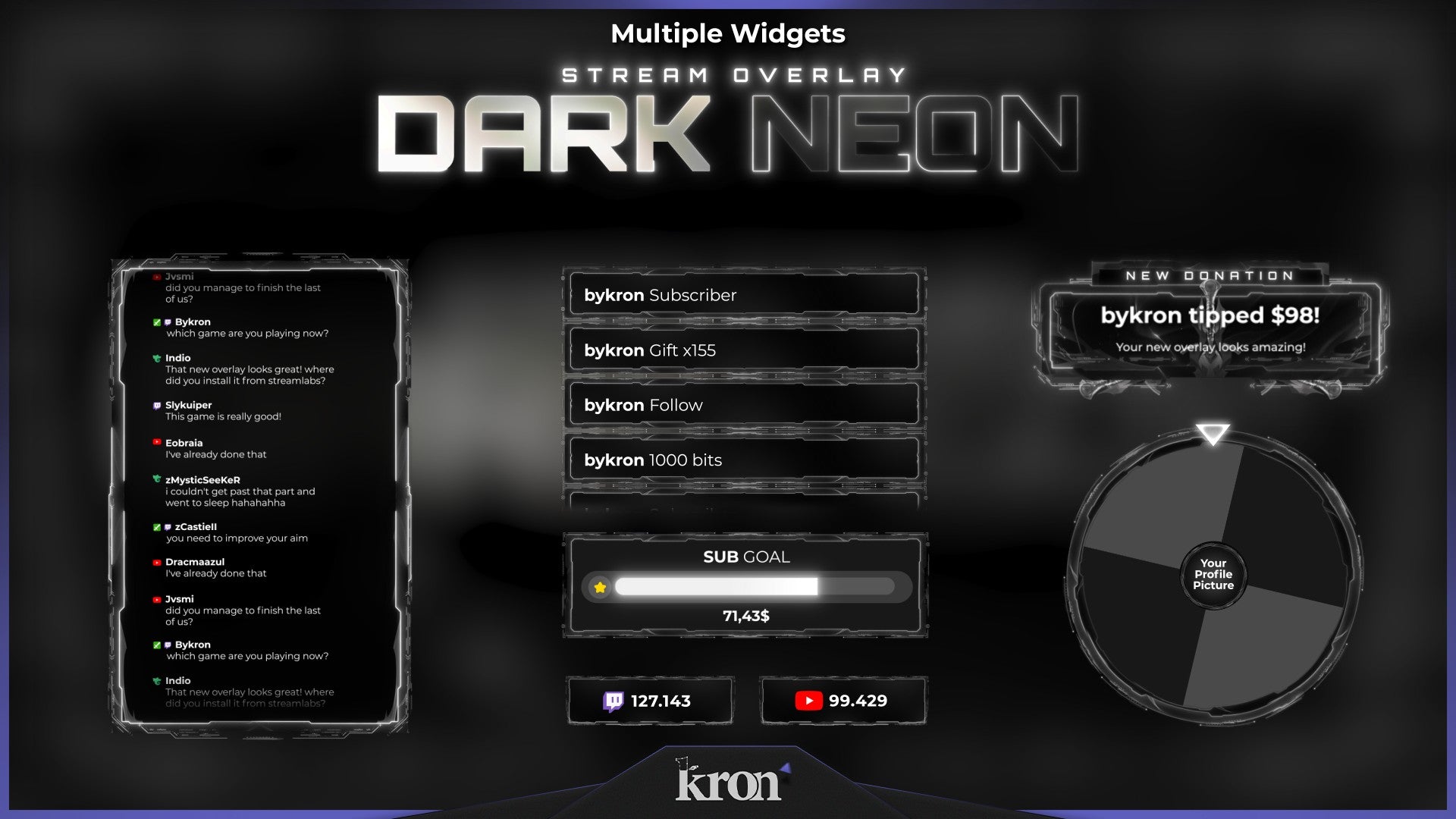 Dark Neon Animated Widgets for Twitch - Animated Black Neon Cyber Futuristic Sleek Overlay Widgets Pack | byKron