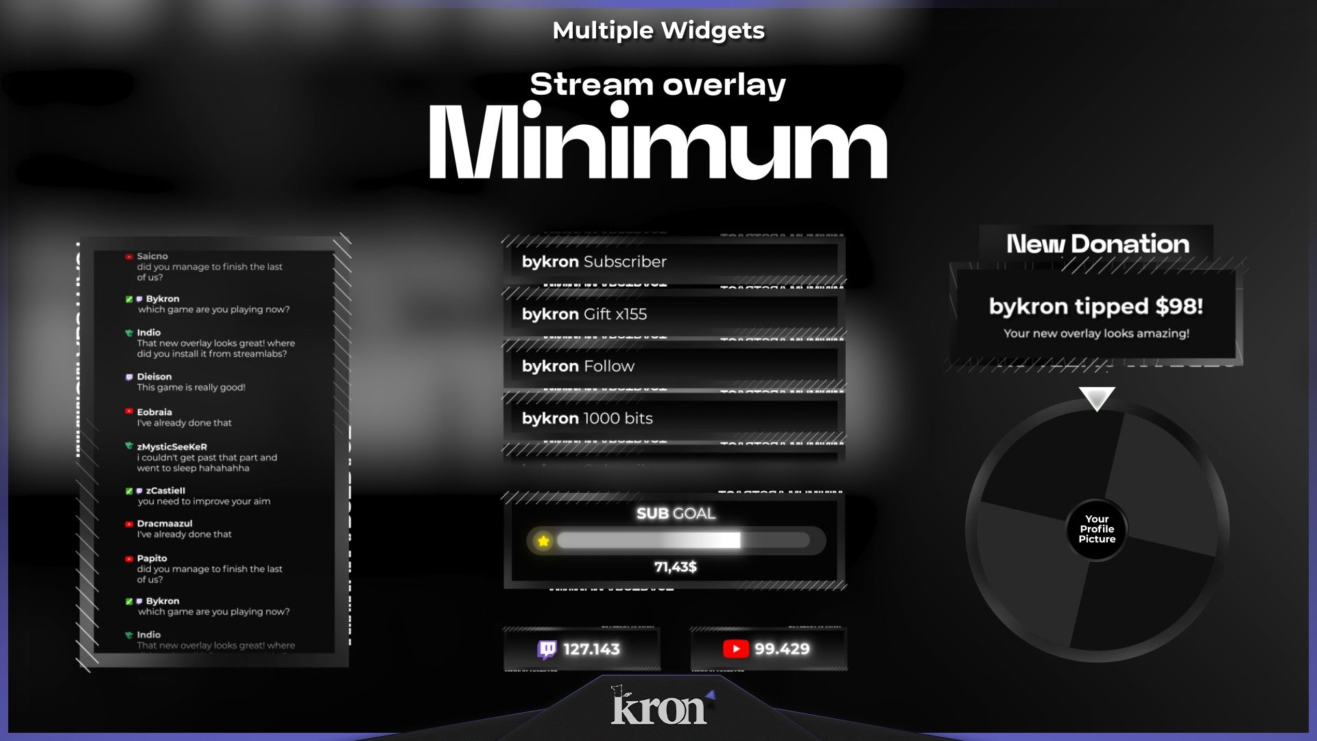 Minimum Stream Widgets for Twitch - Animated Pure Minimal Dark Clean Typography Overlay Widgets Pack | byKron