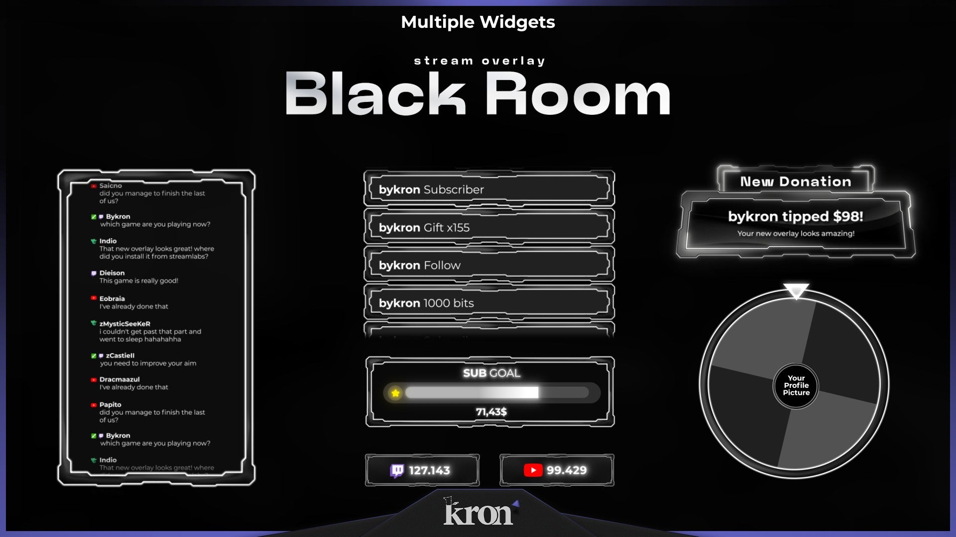 Black Room Stream Widgets for Twitch - Animated Monochrome Minimal Dark 3D Setup Overlay Widgets Pack | byKron