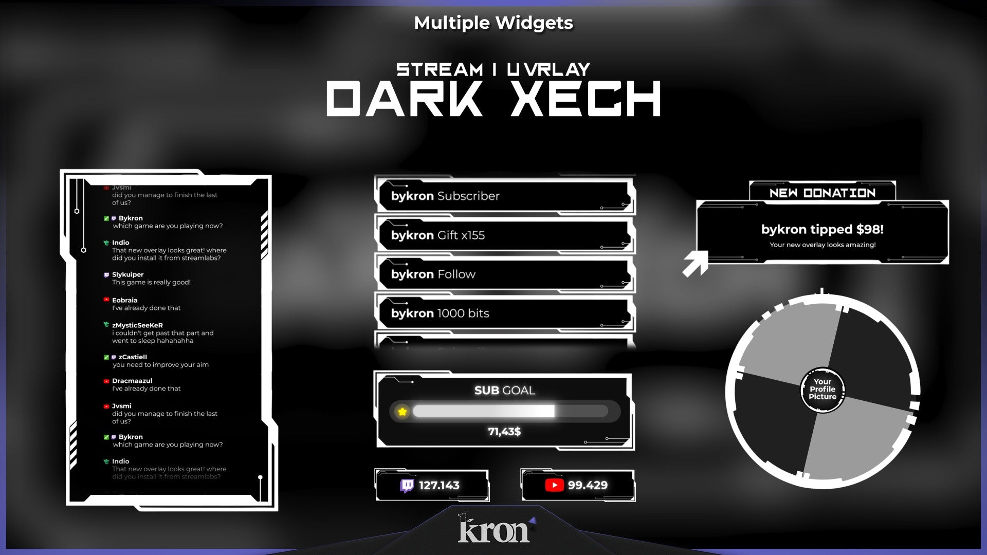 Dark Tech Stream Widgets for Twitch - Animated Monochrome HUD Cyber Futuristic Overlay Widgets Pack | byKron