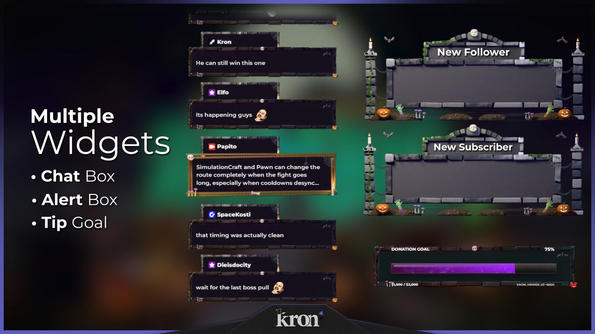 Zombie Animated Widgets for Twitch with cute 3D graveyard aesthetic featuring toxic green glow, pumpkins, alerts, tip goal and chat box widgets