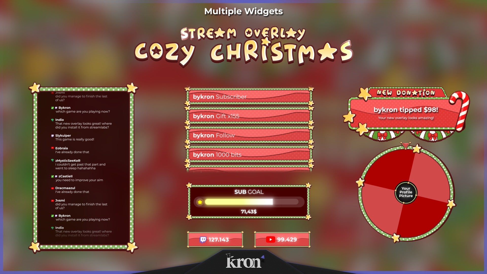 Cozy Christmas Stream Widgets for Twitch - Animated Candy Cane Bow Gifts Cute Holiday Overlay Widgets Pack | byKron