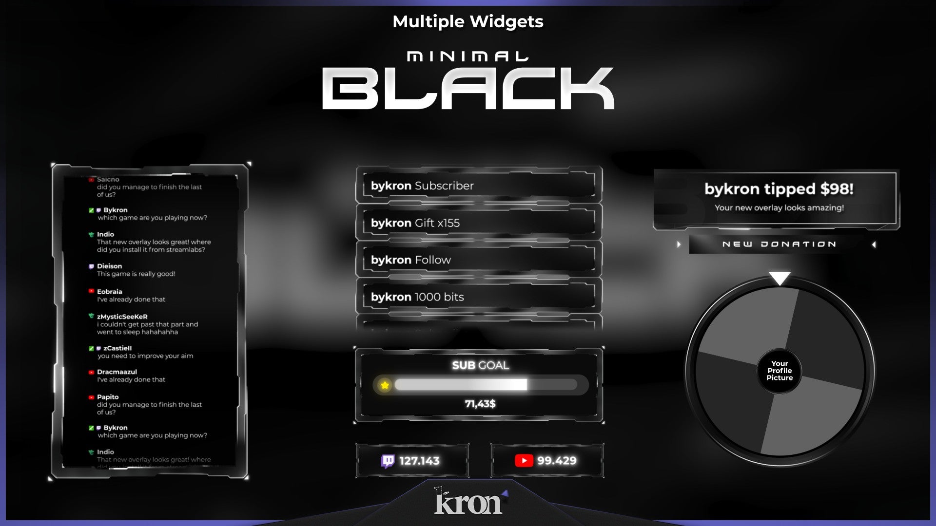 Minimal Black Stream Widgets for Twitch - Animated Clean Minimal Black Contrast Overlay Widgets Pack | byKron