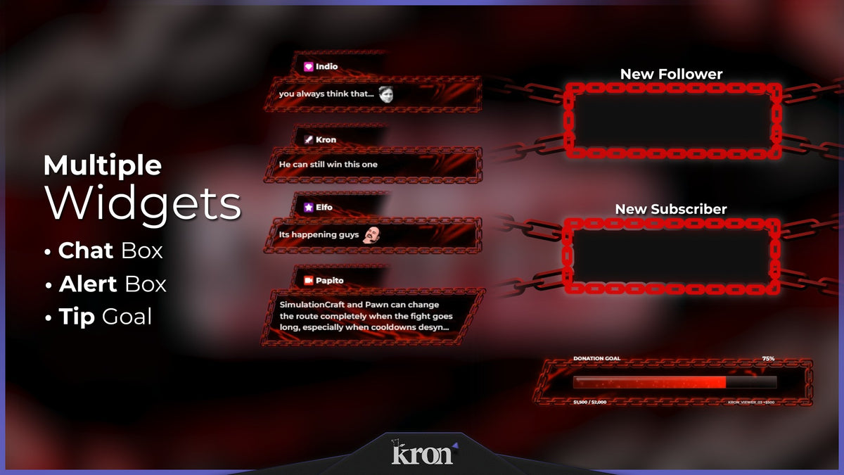 Chained Animated Widgets for Twitch with dark aggressive aesthetic featuring red chains, halftone details, alerts, tip goal and chat box widgets