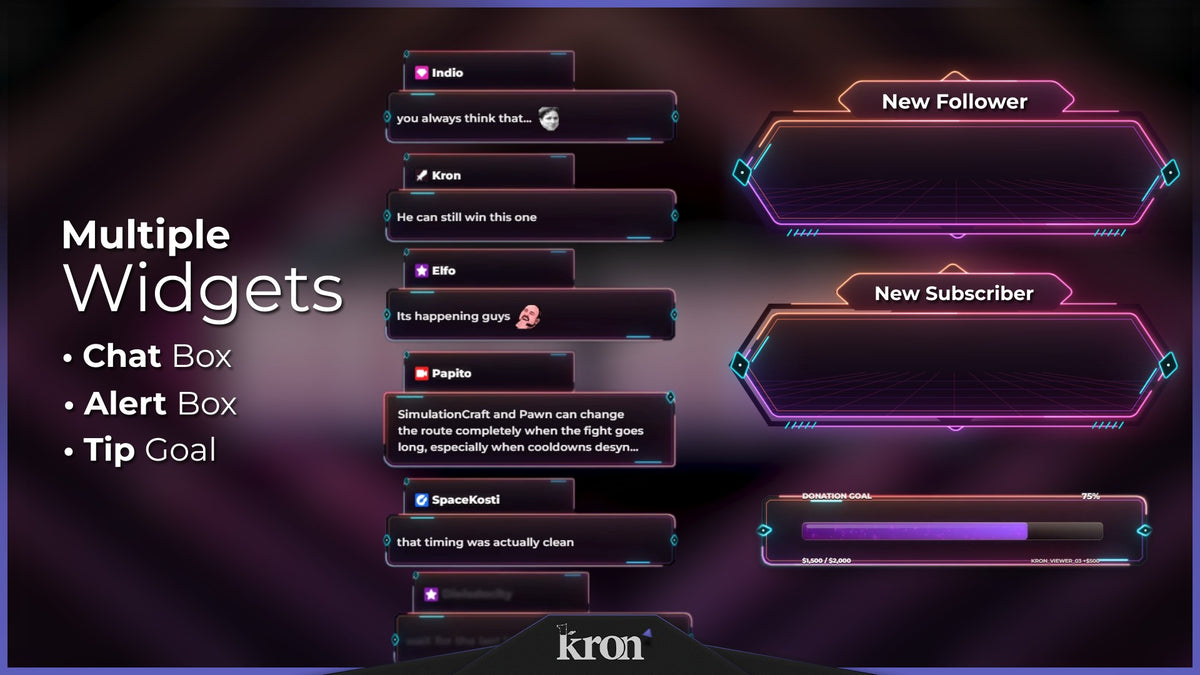 Neon Dusk Animated Widgets for Twitch with retro synthwave aesthetic featuring pink neon frames, cyan accents, alerts, tip goal and chat box widgets