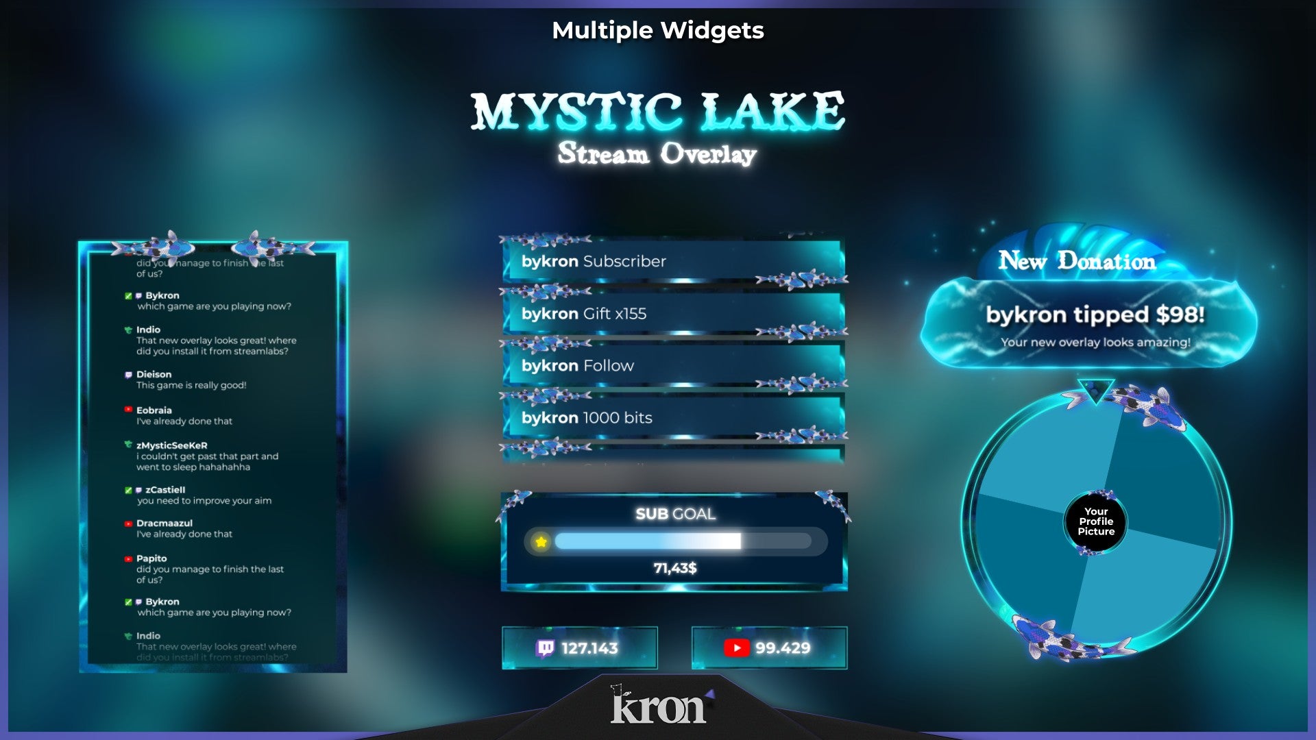 Mystic Lake Stream Widgets for Twitch - Animated Blue Glowing Koi Fantasy Chill Overlay Widgets Pack | byKron