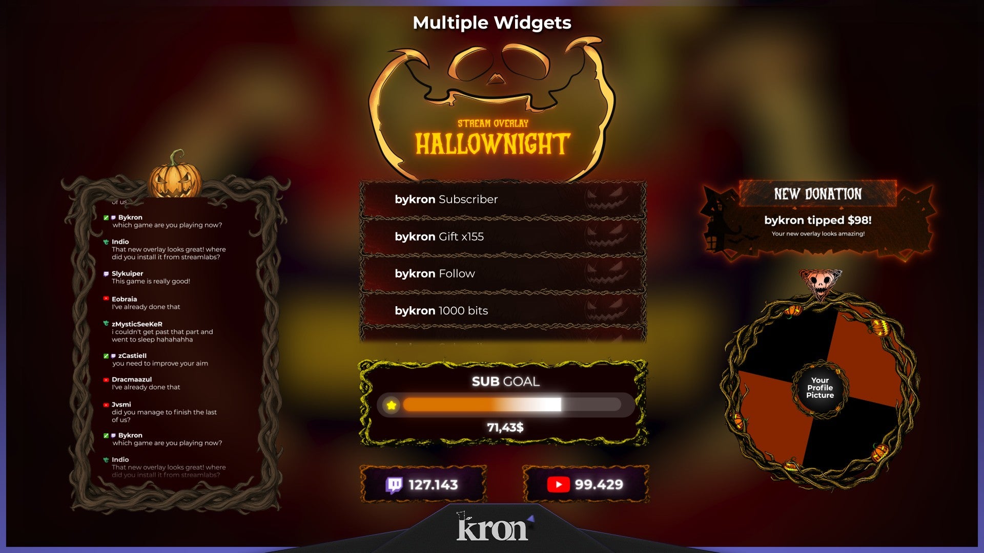 Hallownight Stream Widgets for Twitch - Animated Orange Pumpkin Haunted Cartoon Halloween Overlay Widgets Pack | byKron