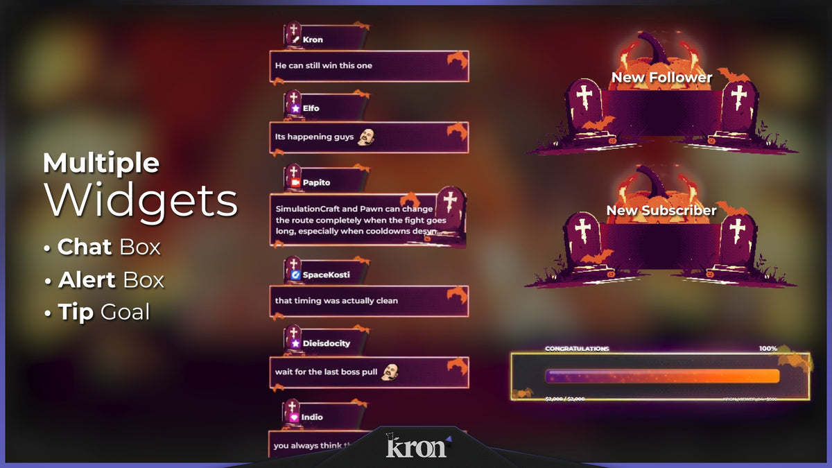 Retro Dark Halloween Animated Widgets for Twitch with VHS horror aesthetic featuring glitch effects, red and orange tones, alerts, tip goal and chat box widgets