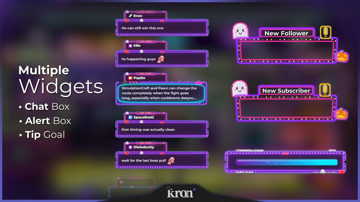 Spooky Arcade Animated Widgets for Twitch with neon retro arcade aesthetic featuring cute ghosts, pixel details, alerts, tip goal and chat box widgets