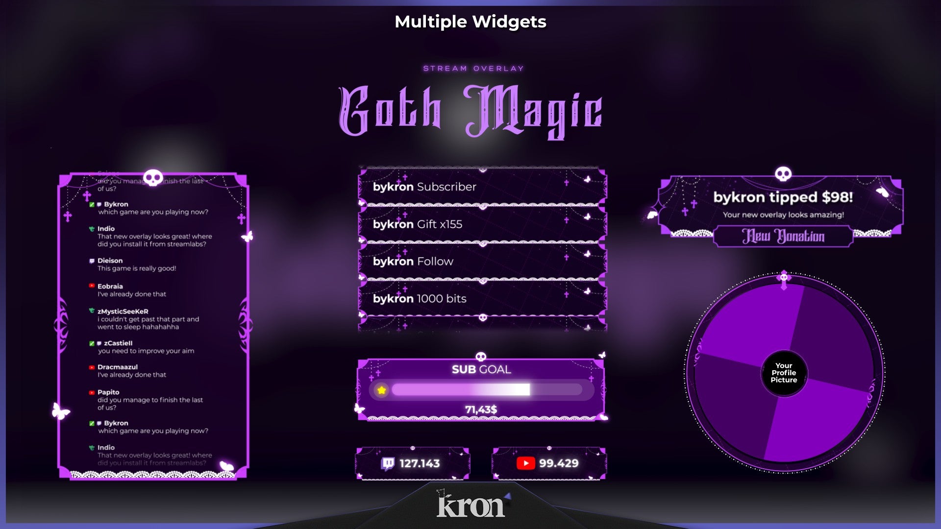 Goth Magic Stream Widgets for Twitch - Animated Purple Gothic Bat Magic VTuber Overlay Widgets Pack | byKron