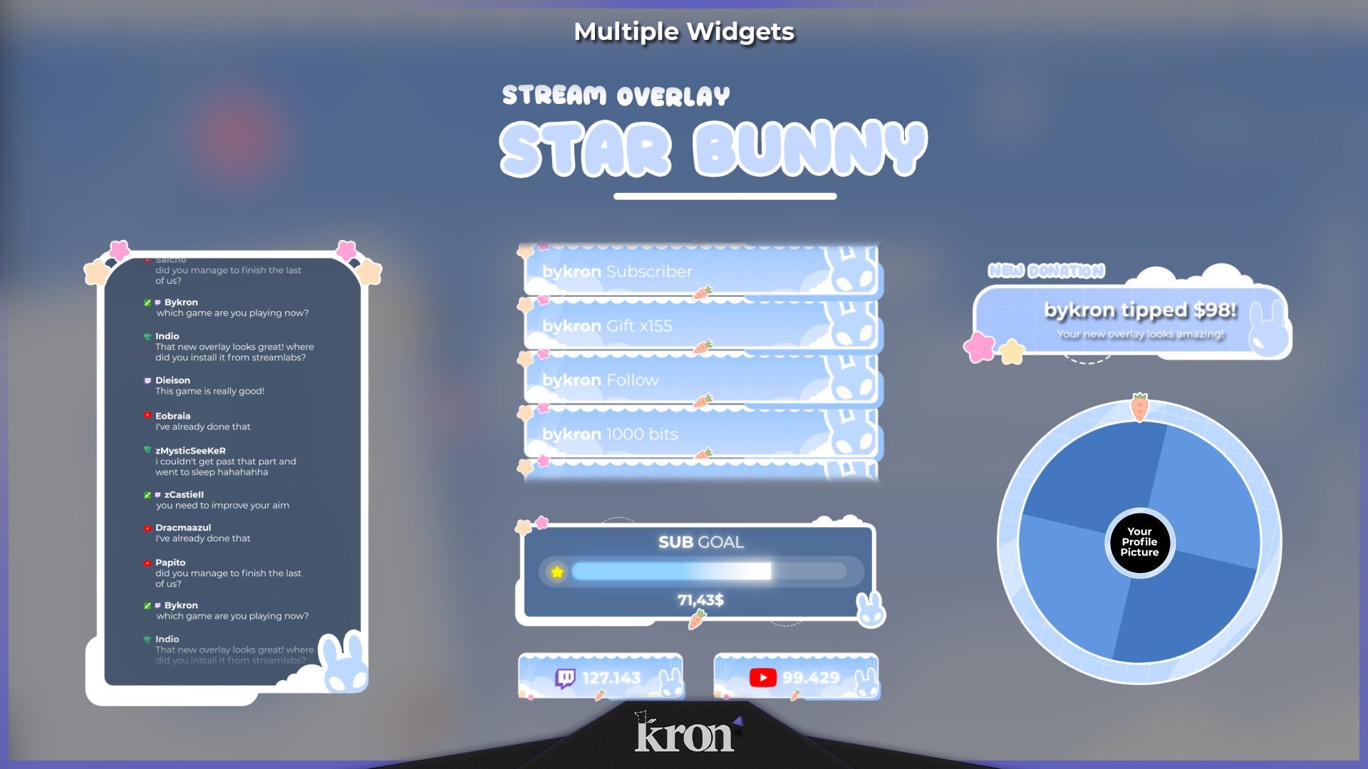 Star Bunny Stream Widgets for Twitch - Animated Pastel Cute Bunny Doodle Cozy Overlay Widgets Pack | byKron
