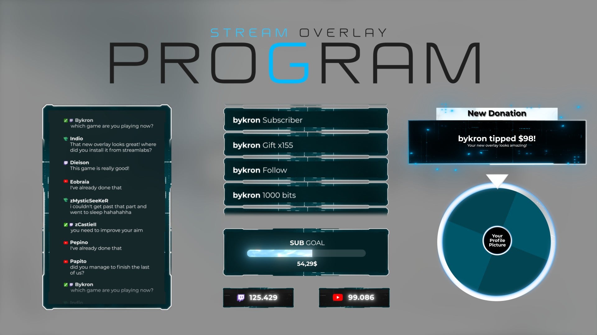 Program Stream Widgets for Twitch - Animated Blue Futuristic Minimalist Overlay Widgets Pack | byKron