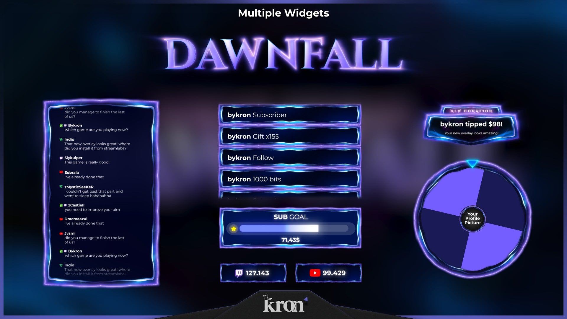 Dawnfall Animated Widgets for Twitch - Animated Blue Purple Cosmic Fantasy Neon Overlay Widgets Pack | byKron