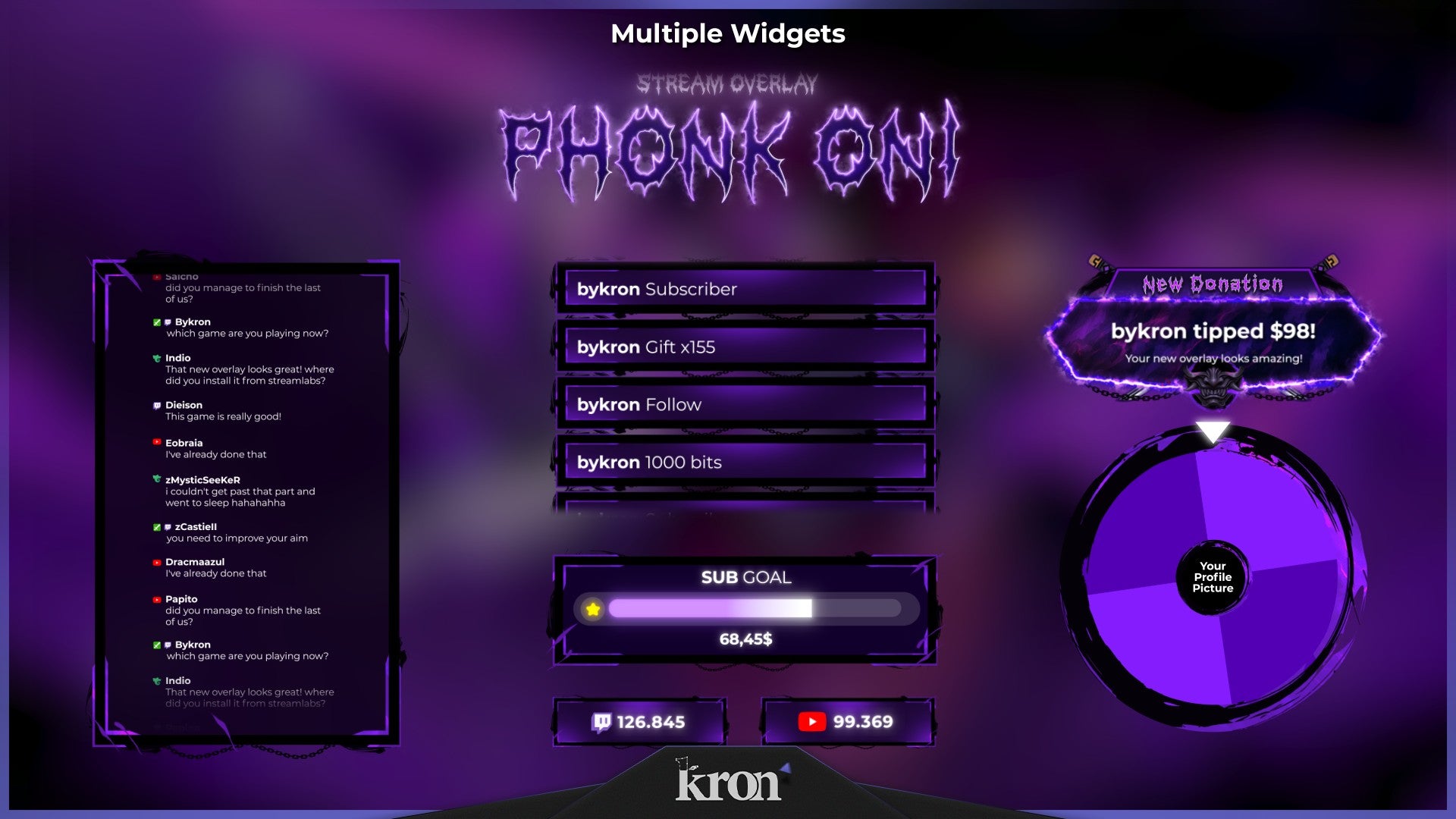 Phonk Oni Stream Widgets for Twitch - Animated Oni Warrior Purple Neon Phonk Anime Overlay Widgets Pack | byKron