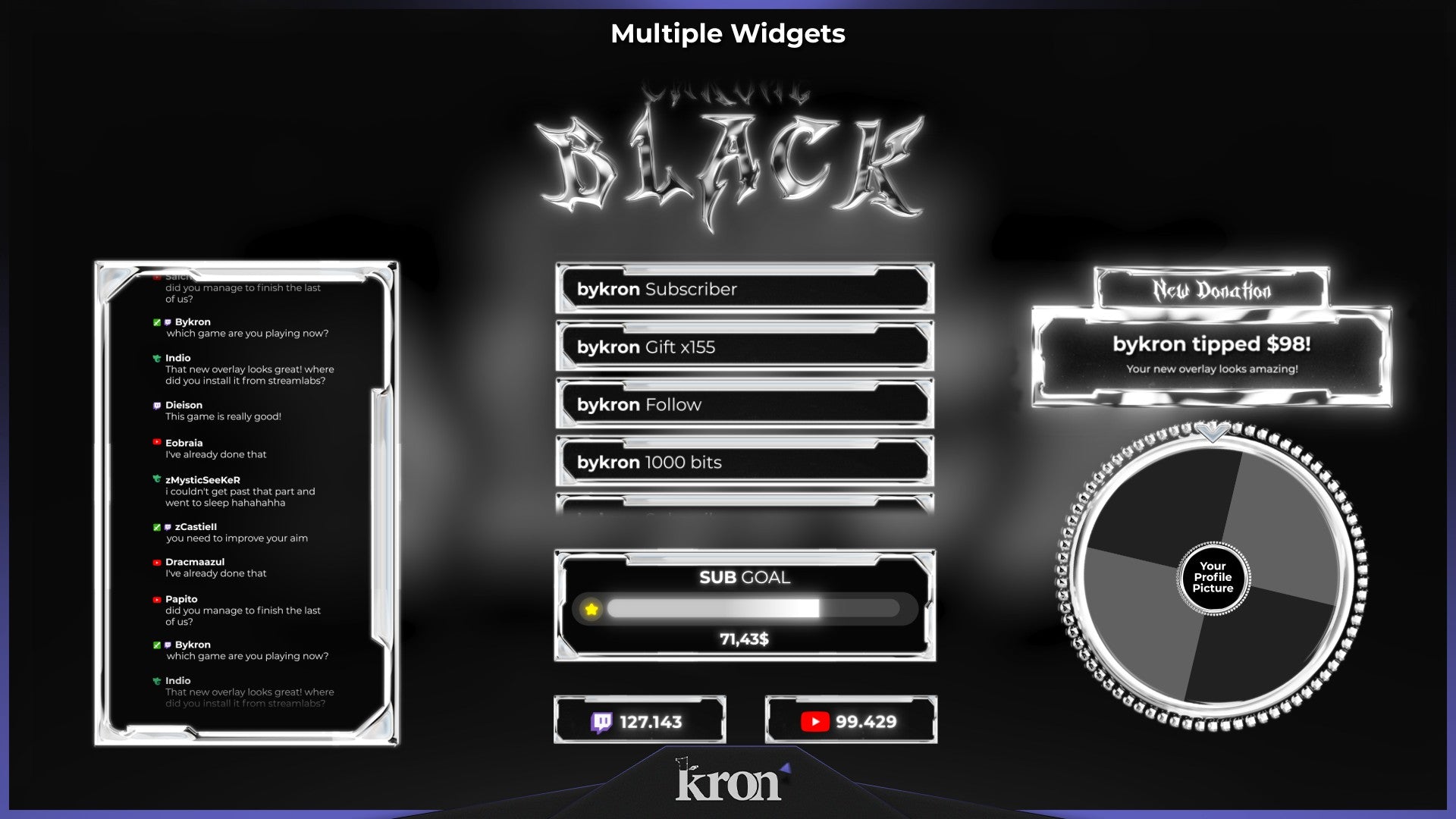 Chrome Black Stream Widgets for Twitch - Animated Chrome Letters Dark Edgy Minimalist Overlay Widgets Pack | byKron