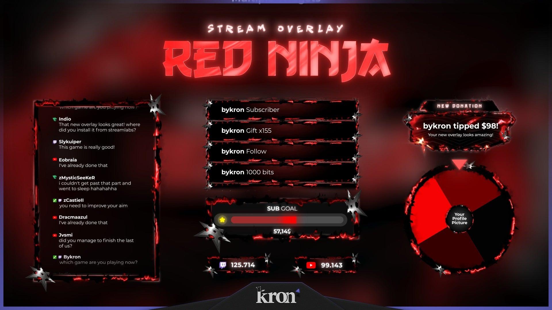Red Ninja Animated Widgets for Twitch - Animated Red Shuriken Ninja Stealth Anime Overlay Widgets Pack | byKron