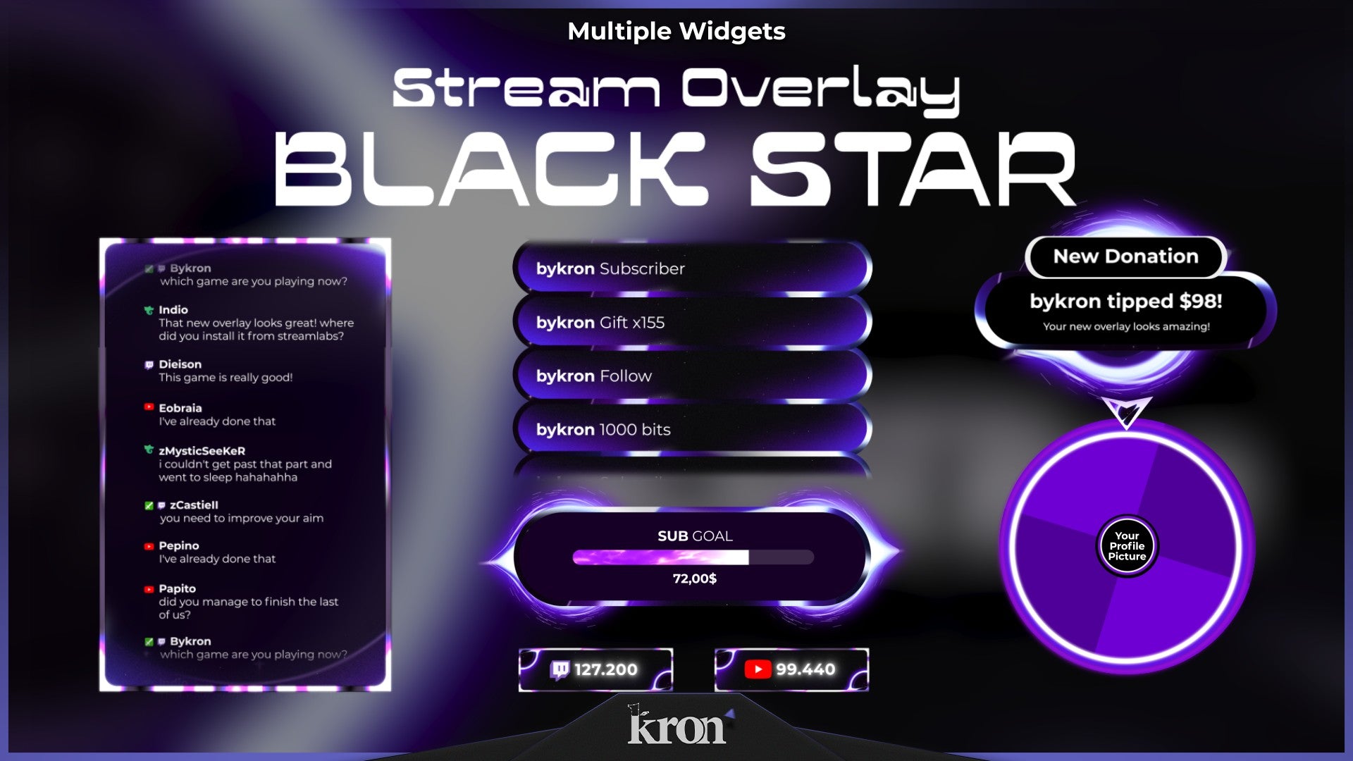 Black Star Stream Widgets for Twitch - Animated Cosmic Space Galactic Glow Overlay Widgets Pack | byKron