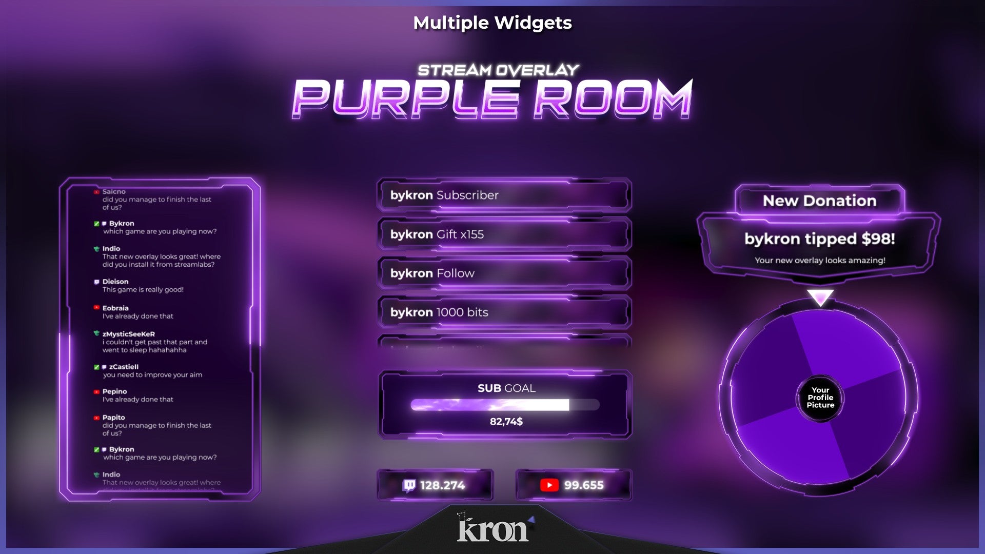 Purple Room Stream Widgets for Twitch - Animated Purple Neon Anime 3D Gaming Overlay Widgets Pack | byKron