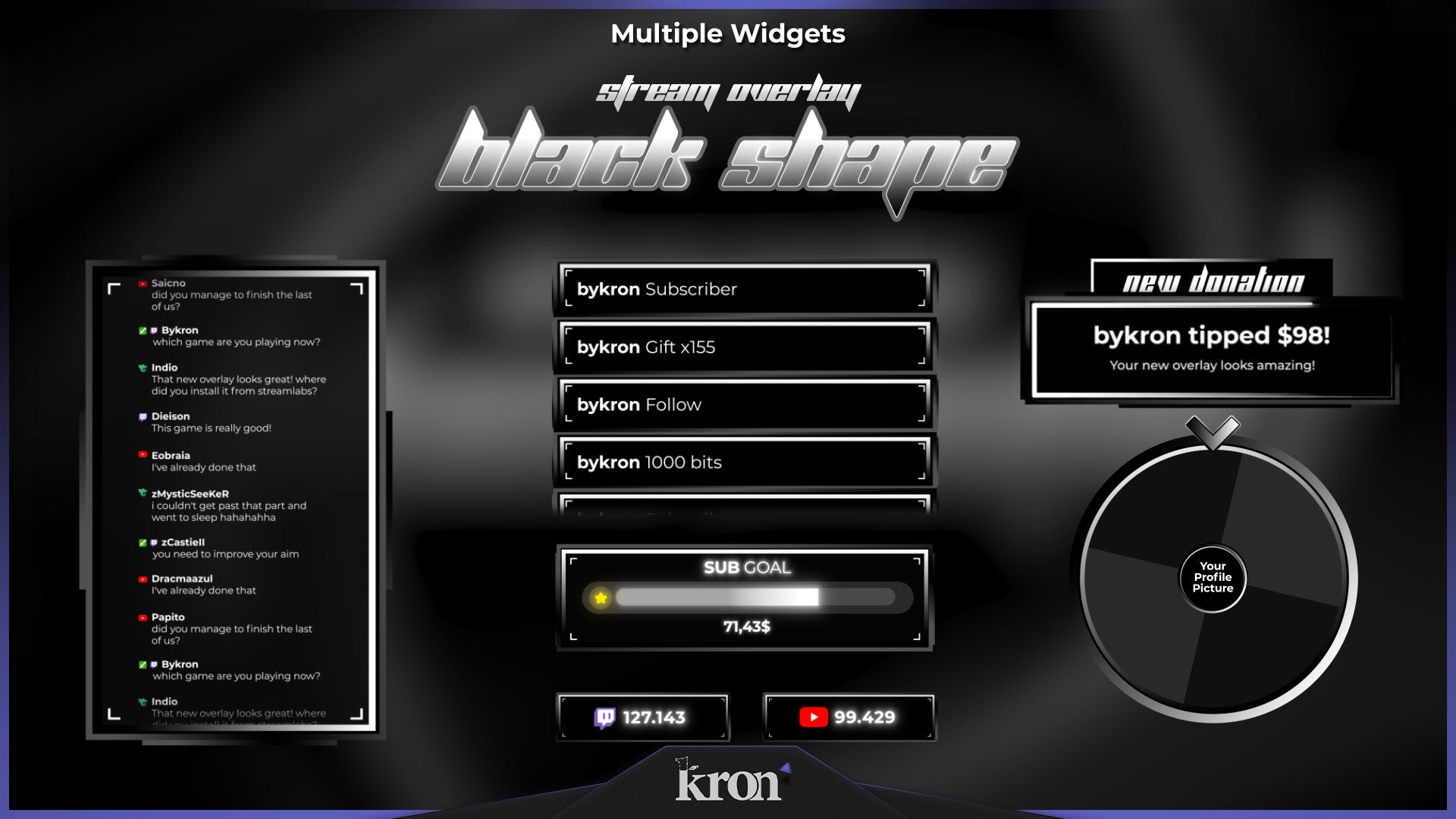 Black Shape Stream Widgets for Twitch - Animated Dark Smooth Curves Metallic Minimal Overlay Widgets Pack | byKron