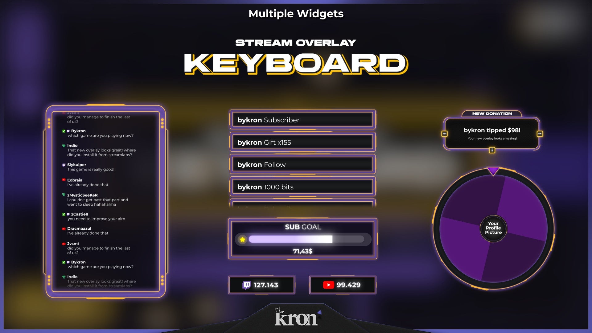 Keyboard Animated Widgets for Twitch - Animated Yellow Purple Retro Arcade Gaming Overlay Widgets Pack | byKron